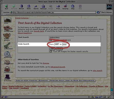 image of search input page with date input fields highlighted.