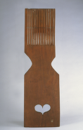 wooden tape loom with heart shape carved out of handle