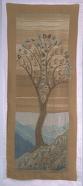 pear tree against distant landscape embroidered on vertical panel of natural linen
